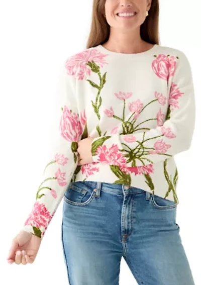 Petite Brushed Floral Print Long Sleeve Pullover Sweater