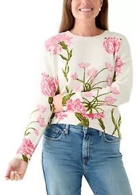 Petite Brushed Floral Print Long Sleeve Pullover Sweater
