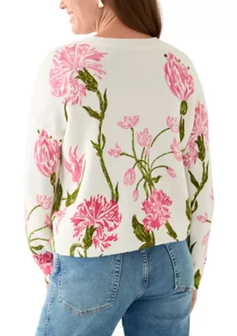 Petite Brushed Floral Print Long Sleeve Pullover Sweater