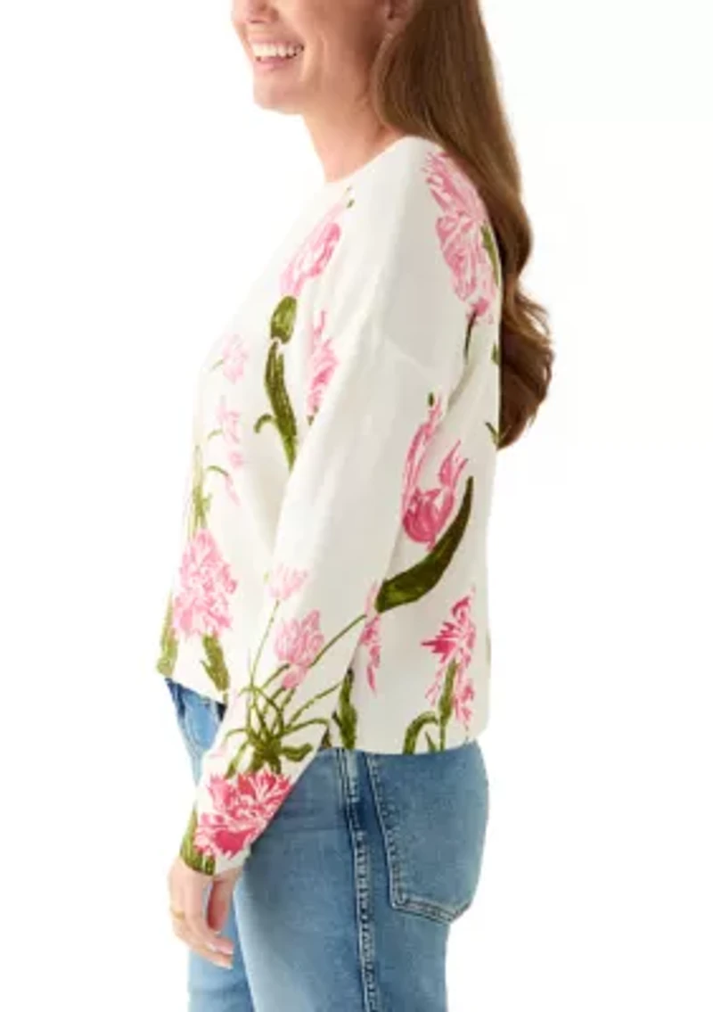 Petite Brushed Floral Print Long Sleeve Pullover Sweater