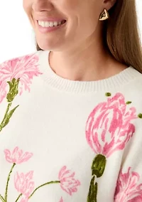 Petite Brushed Floral Print Long Sleeve Pullover Sweater