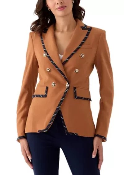 Women's Plaid Trim Double Breasted Blazer