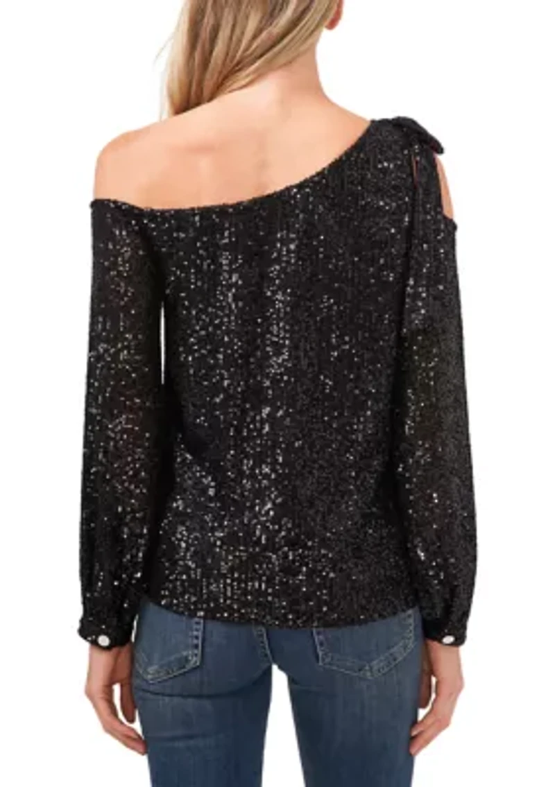 Women's Long Cold Shoulder Asymmetrical Neck Sequin Top