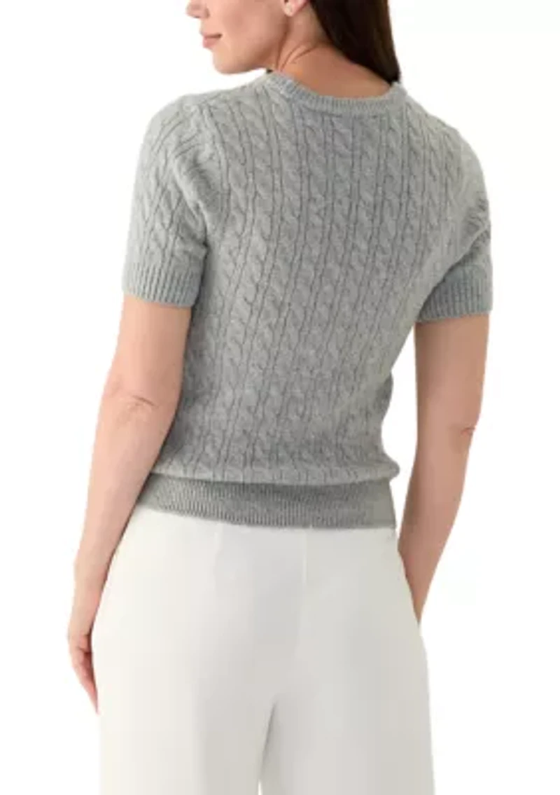 Women's Short Puff Sleeve Embroidered Cable Sweater