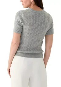 Women's Short Puff Sleeve Embroidered Cable Sweater