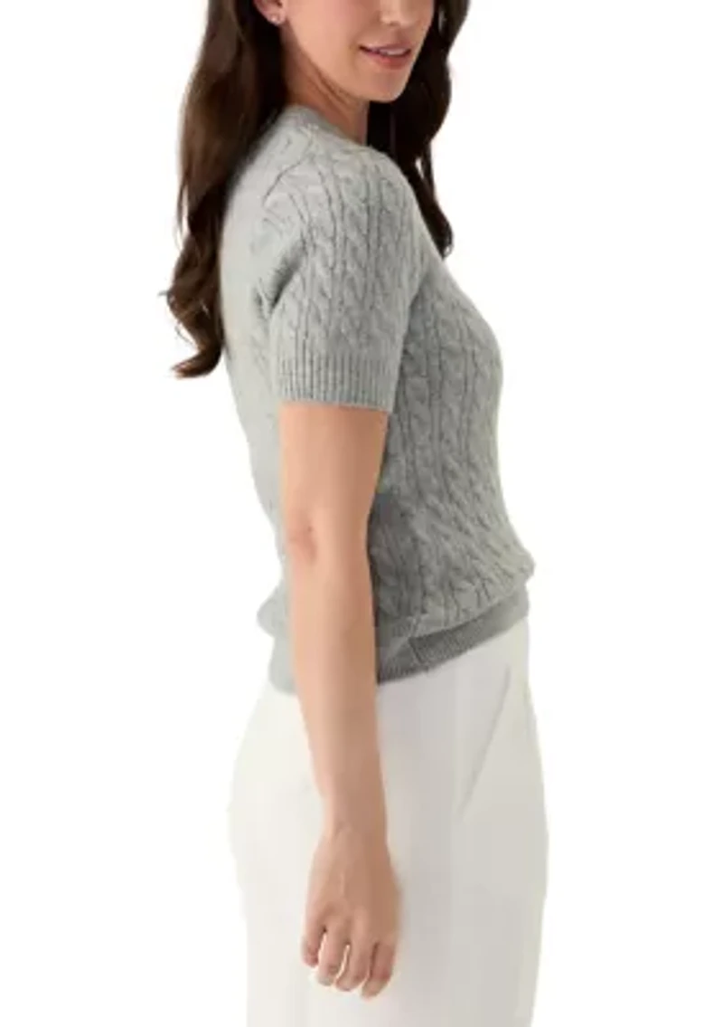 Women's Short Puff Sleeve Embroidered Cable Sweater