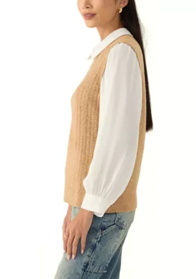 Petite 2Fer Cozy Cable Vest with Woven Sleeves