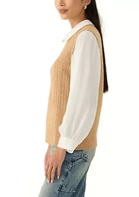 Petite 2Fer Cozy Cable Vest with Woven Sleeves