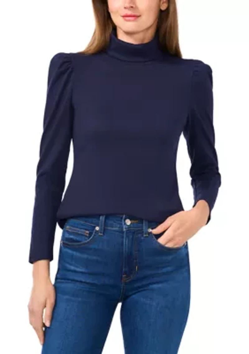 Petite Rib Knit Puff Sleeve Turtleneck Sweater