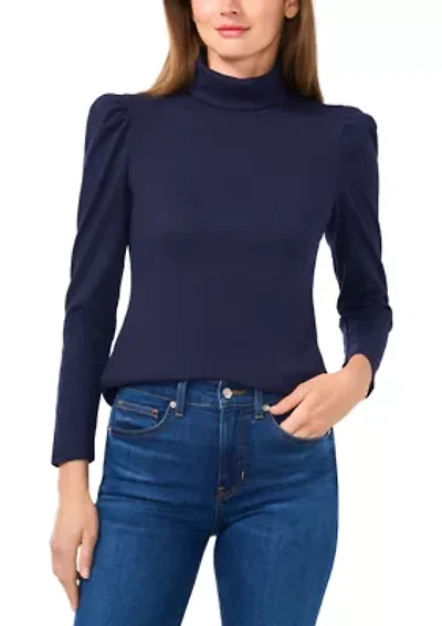 Petite Rib Knit Puff Sleeve Turtleneck Sweater