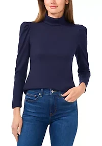 Petite Rib Knit Puff Sleeve Turtleneck Sweater