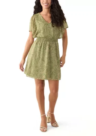 Petite Smocked Waist Flutter Sleeve Dress