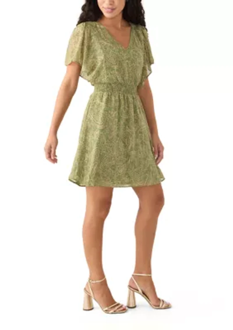 Petite Smocked Waist Flutter Sleeve Dress