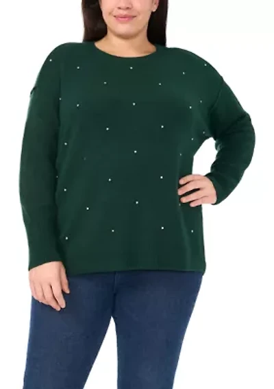 Plus Allover Rhinestone Crew Neck Sweater