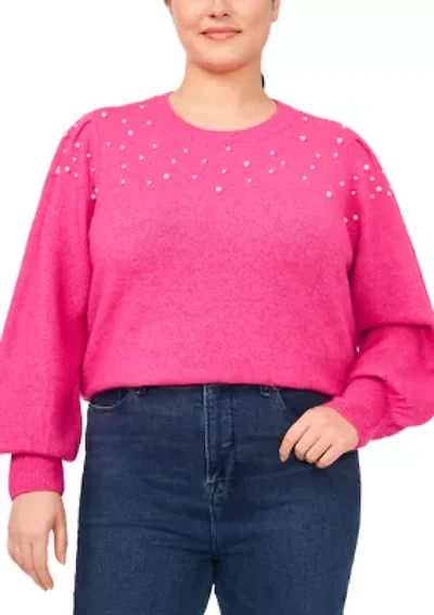 Plus Puff Sleeve Crew Neck Sweater with Pearls