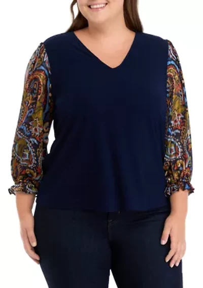 Plus V-Neck 3/4 Mixed Media Blouse