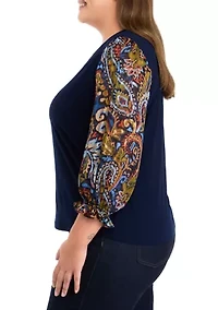 Plus V-Neck 3/4 Mixed Media Blouse