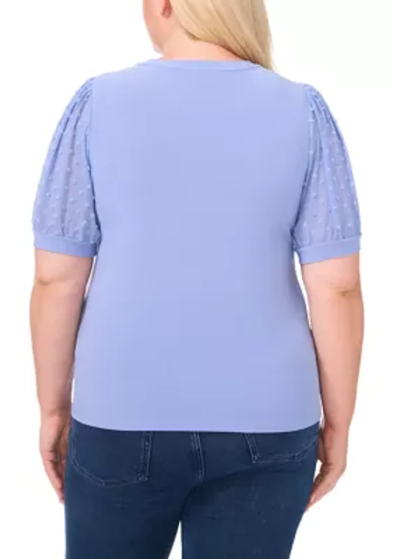 Plus Crew Neck Puff Sleeve Mixed Media Knit Top