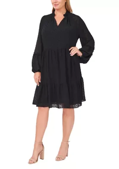 Plus Split Neck Long Sleeve Clip Dot Babydoll Dress