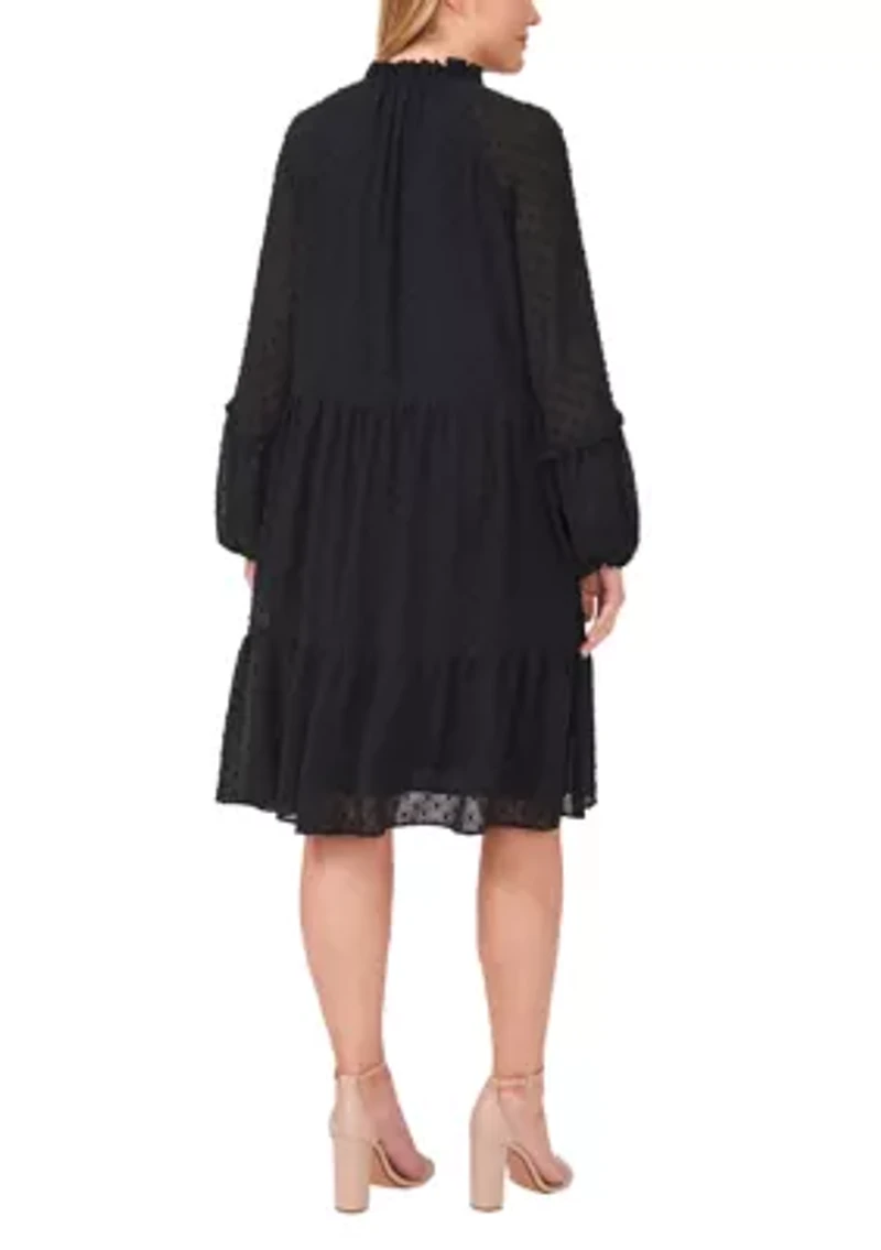 Plus Split Neck Long Sleeve Clip Dot Babydoll Dress