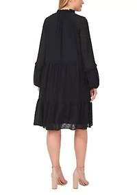 Plus Split Neck Long Sleeve Clip Dot Babydoll Dress