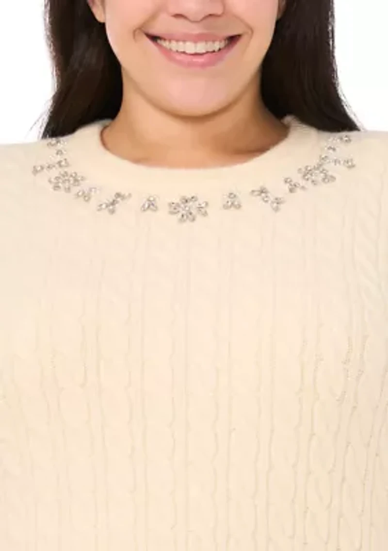 Plus Short Sleeve Crew Neck Embellished Sweater