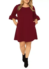Standards & Practices  Women's Plus Navy Blue Crepe Knit 3/4 Balloon Sleeves Midi Shift Dress