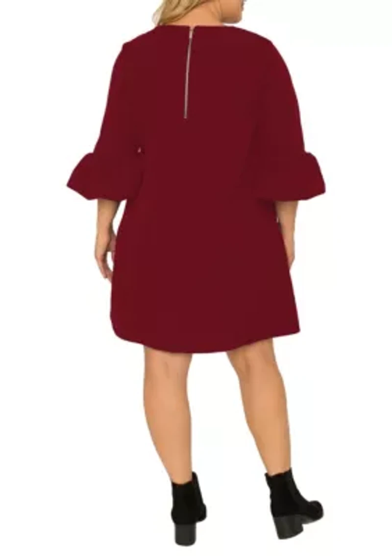 Standards & Practices Women's Plus Navy Blue Crepe Knit 3/4 Balloon Sleeves Midi Shift Dress