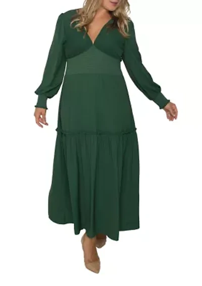 Plus Women's Green Smocked Waist Long Sleeve Maxi Dress