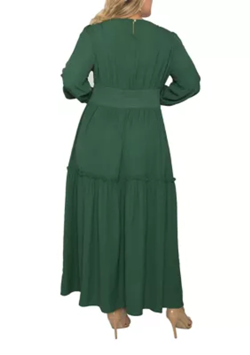 Plus Women's Green Smocked Waist Long Sleeve Maxi Dress