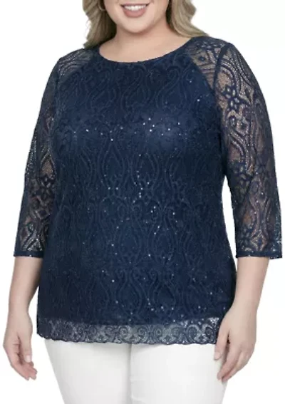 Floral Lace With Sequins Tunic Navy Blouse