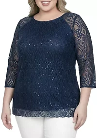 Floral Lace With Sequins Tunic Navy Blouse