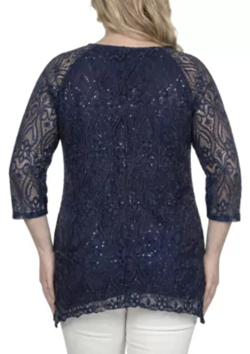 Floral Lace With Sequins Tunic Navy Blouse