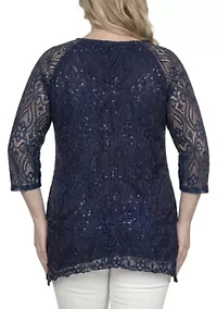 Floral Lace With Sequins Tunic Navy Blouse