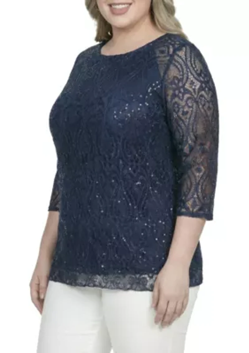 Floral Lace With Sequins Tunic Navy Blouse