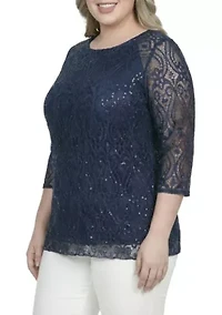 Floral Lace With Sequins Tunic Navy Blouse