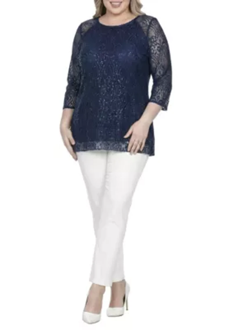 Floral Lace With Sequins Tunic Navy Blouse