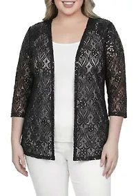 3/4 Sleeve Embroidered Floral Lace With Sequins White Cardigan