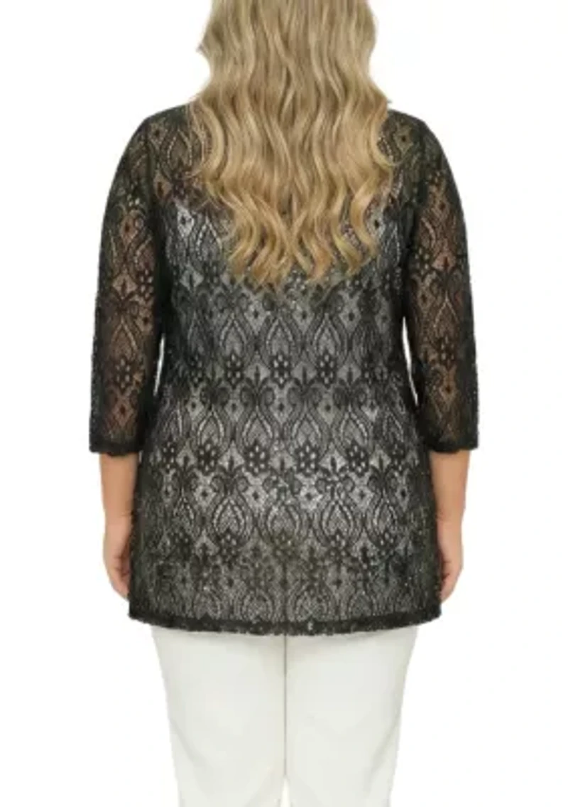3/4 Sleeve Embroidered Floral Lace With Sequins White Cardigan