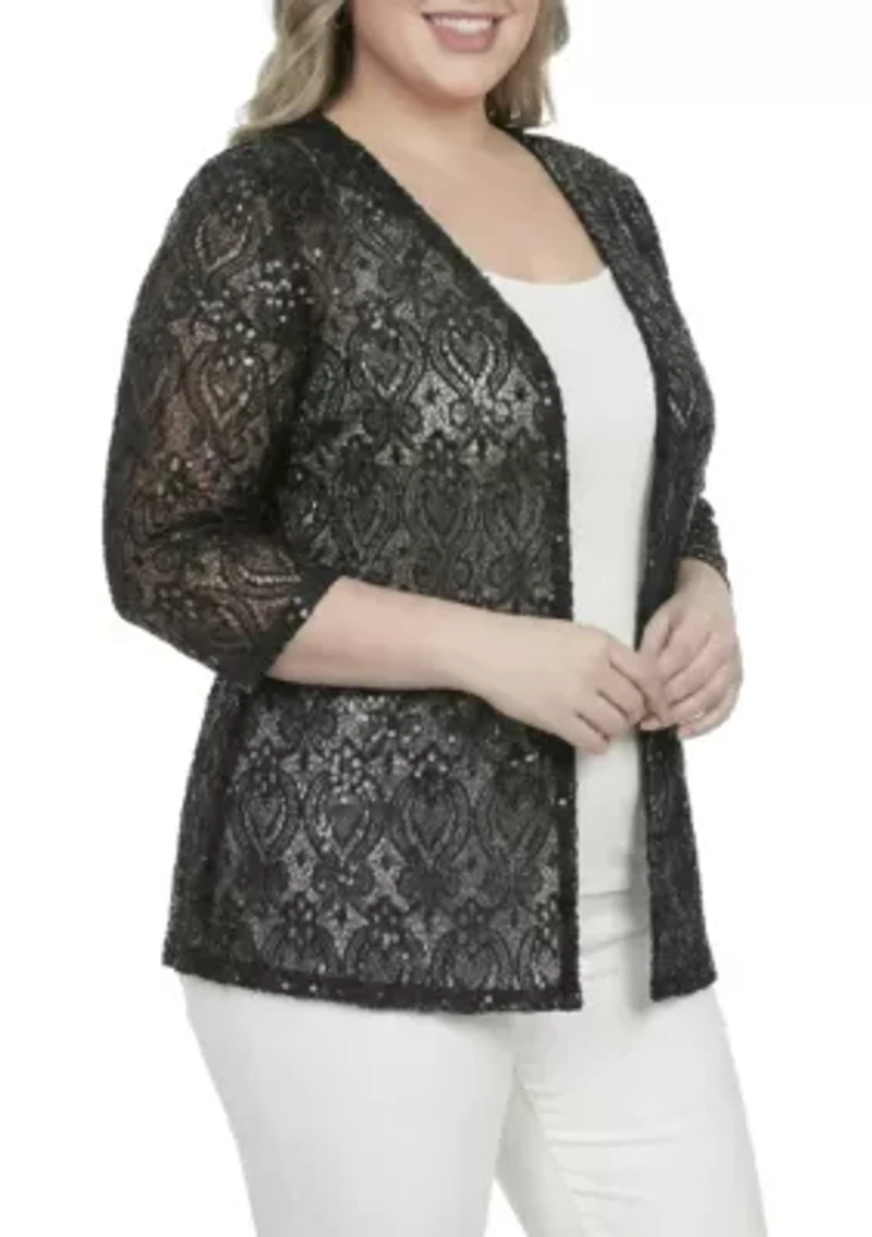 3/4 Sleeve Embroidered Floral Lace With Sequins White Cardigan