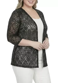 3/4 Sleeve Embroidered Floral Lace With Sequins White Cardigan