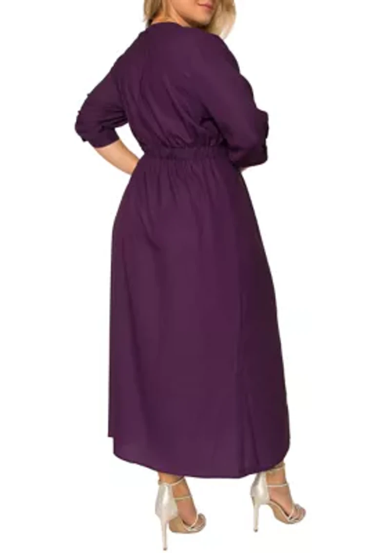 Plus Women's Deep Purple Pintuck Cuffed Short Sleeve Maxi Dress