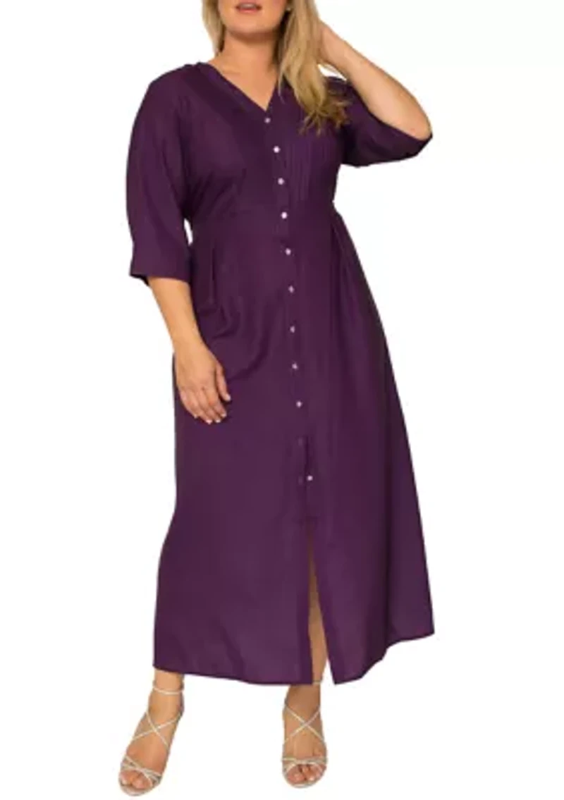 Plus Women's Deep Purple Pintuck Cuffed Short Sleeve Maxi Dress