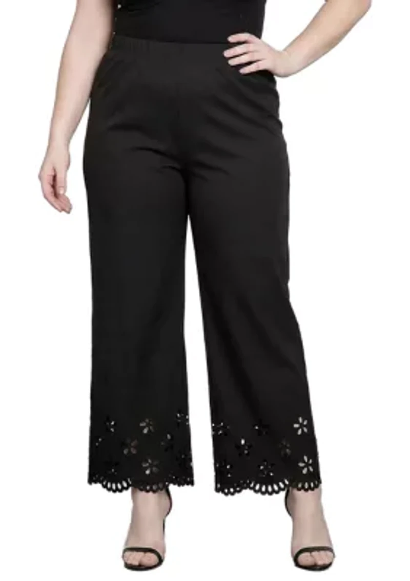 Straight Leg Elastic Waist Eyelet Hem Pants