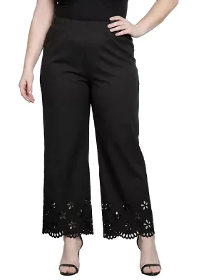 Straight Leg Elastic Waist Eyelet Hem Pants