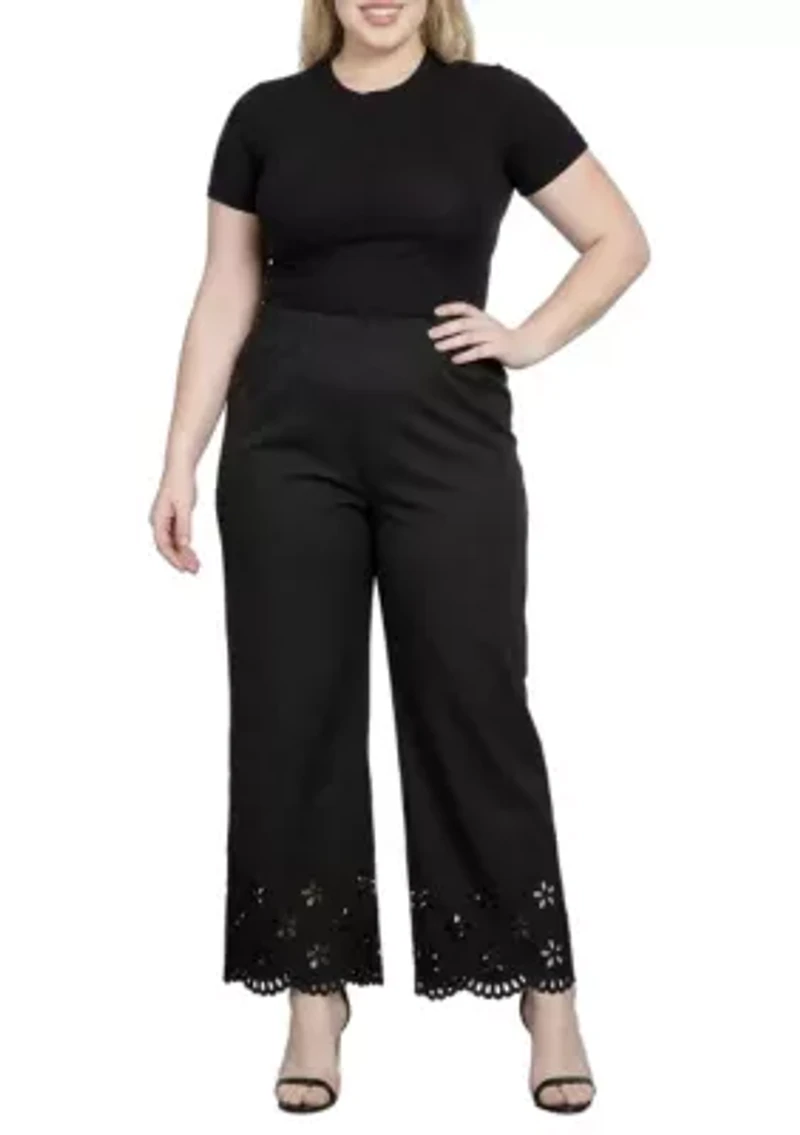 Straight Leg Elastic Waist Eyelet Hem Pants