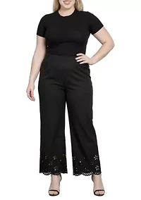 Straight Leg Elastic Waist Eyelet Hem Pants