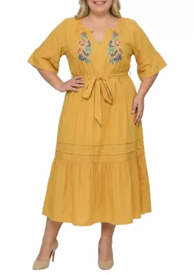 Boho Embroidered Notched Tie Waist Half Sleeve Midi Dress