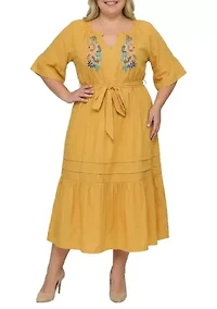 Boho Embroidered Notched Tie Waist Half Sleeve Midi Dress