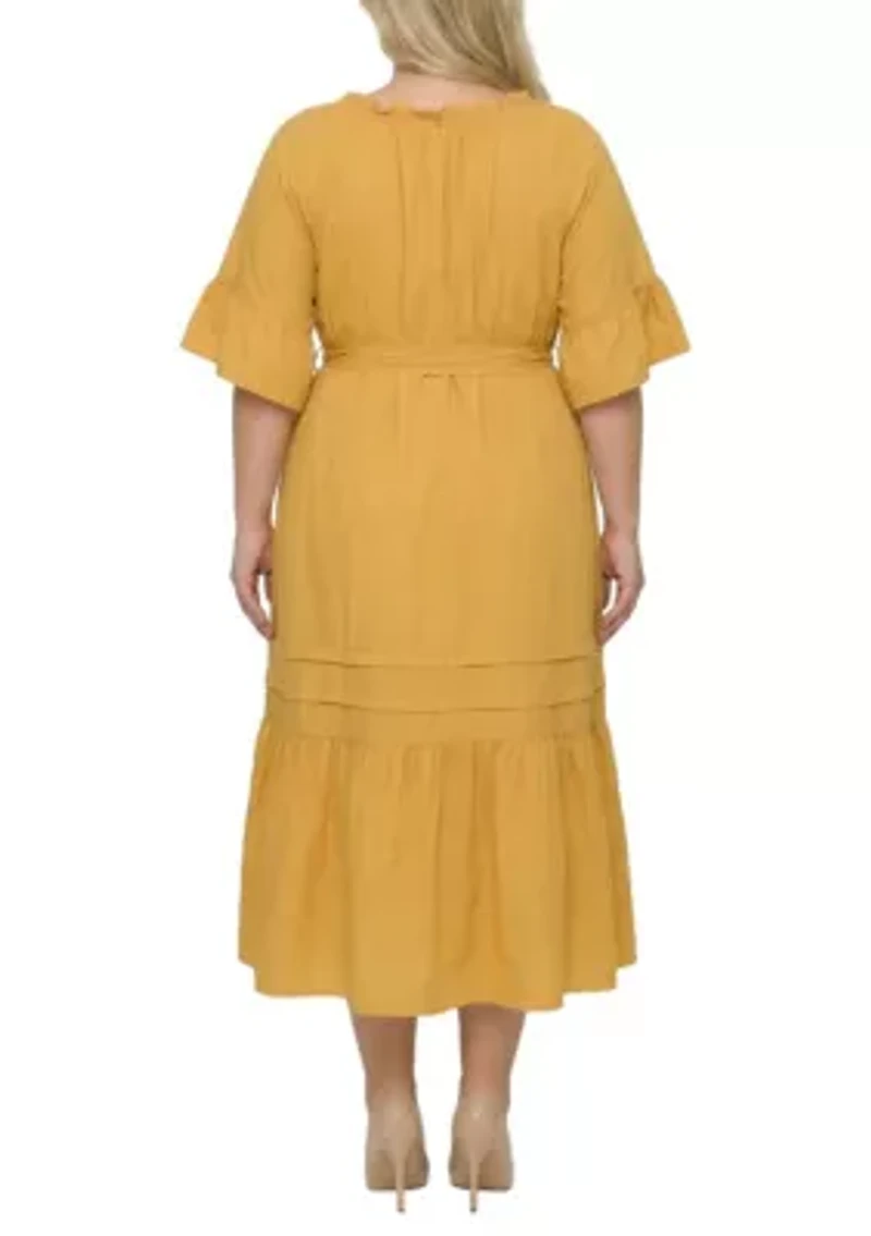 Boho Embroidered Notched Tie Waist Half Sleeve Midi Dress